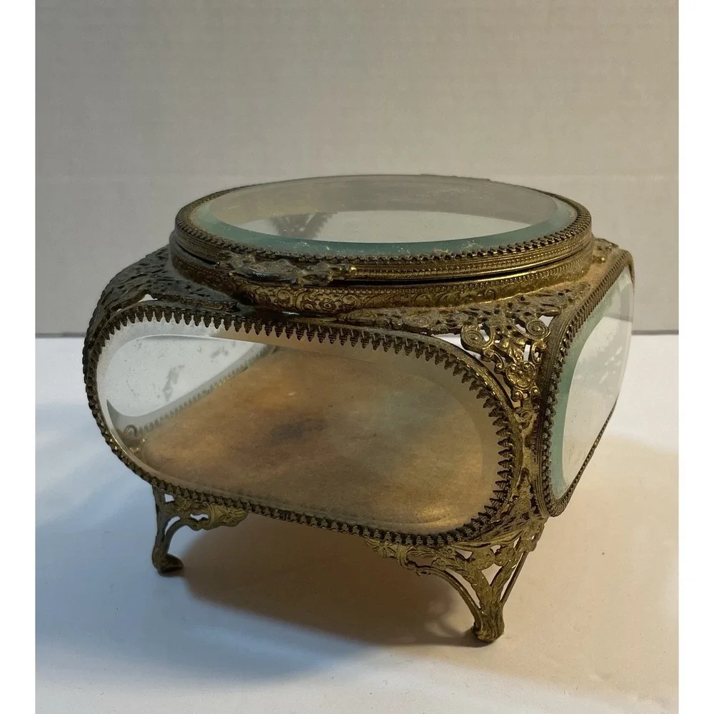 Vtg Gold Tone Beveled Glass Jewelry Box/Casket. 4 Sided